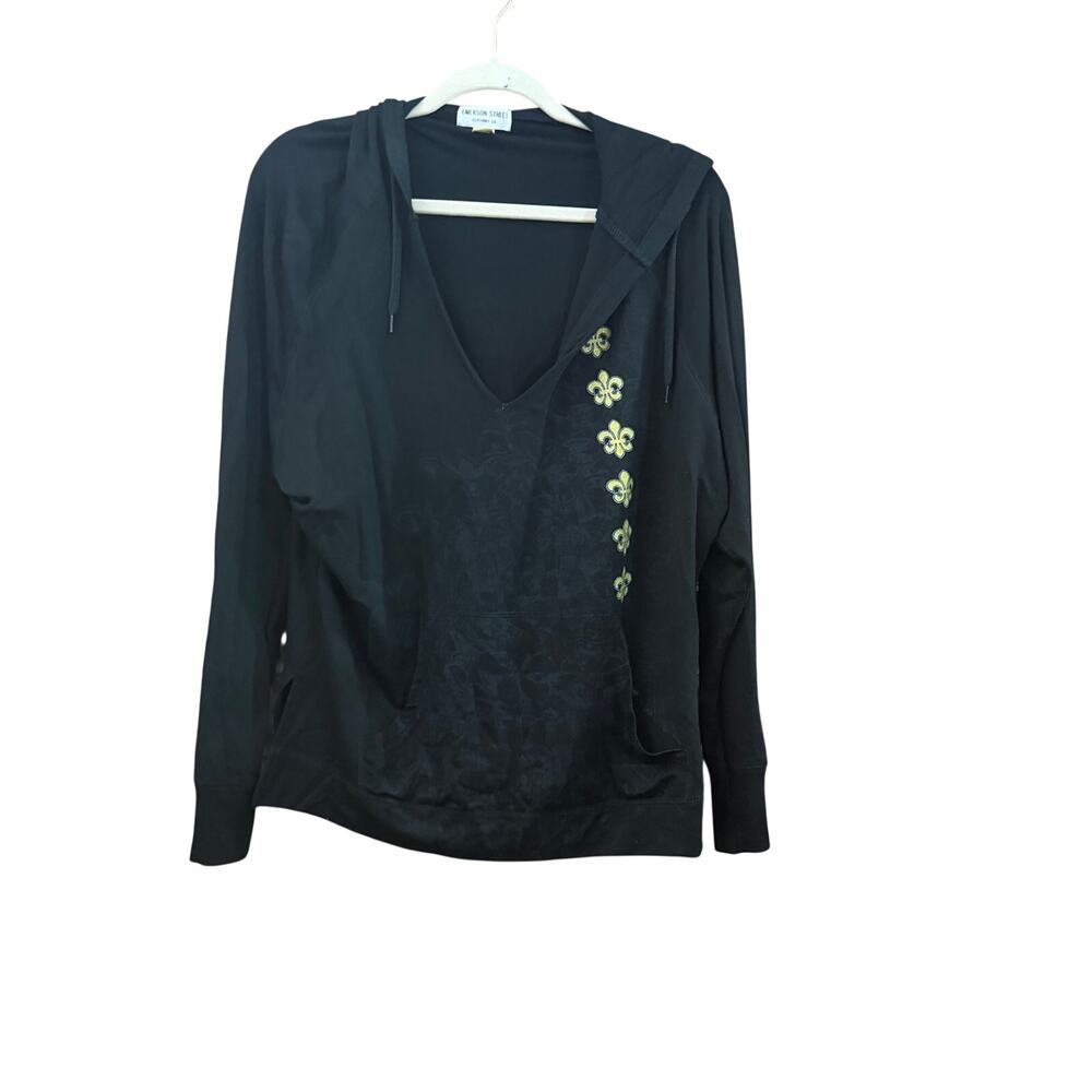 Emerson Street Women Stretch Hooded Top Size XL Black Fleur De Lis Saints French